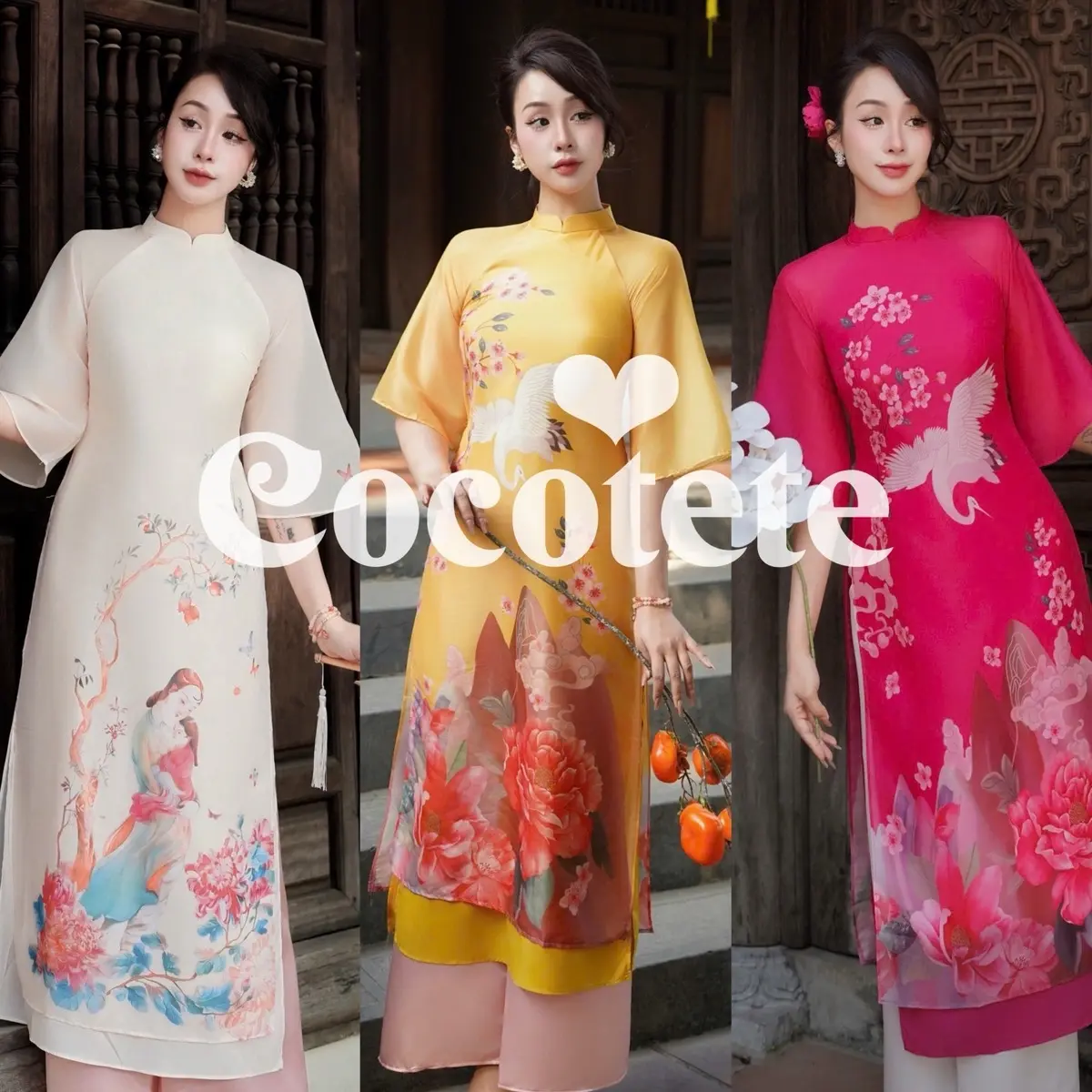 COCOTETE - Set Áo Dài Tơ Hoạ Tiết Tết Tay Loe Duyên Dáng