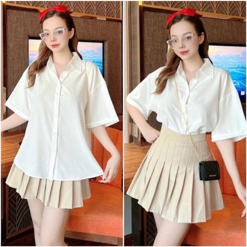 Áo sơ mi tay ngắn có túi trước  bigsize 50-100kg Nữ Trắng Top