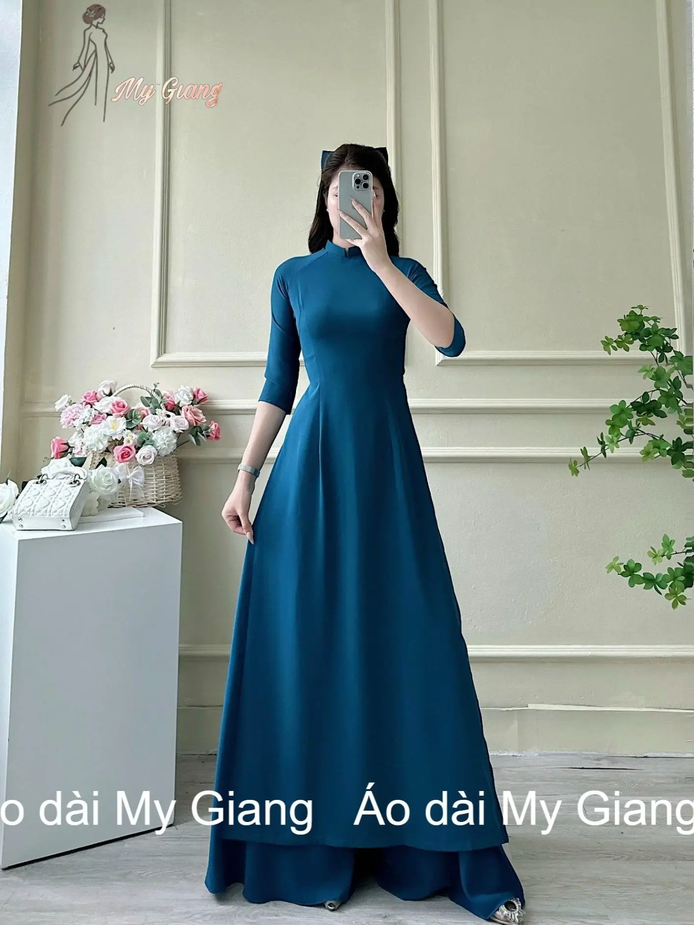 (AD01)Bộ áo dài trơn quần váy lụa Mỹ cao cấp (Áo dài My Giang) cách tân