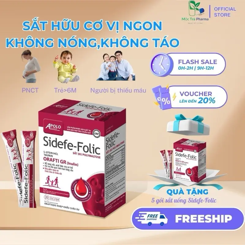Gói uống Sidefe Folic-Hộp 20 gói-Giúp bổ sunh sắt hữu cơ và acid folic cho cơ thể, giúp hỗ trợ ngăn ngừa thiếu máu do thiếu sắt