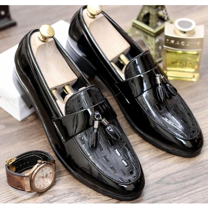 Giày lười nam cao cấp > giày nam da bóng in caro đính chuông thanh lịch tinh tế, đế khâu chỉ gai chắc chắn phù hợp tất cả outfit - Shoes 0