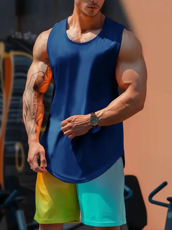 Men's Solid Curved Hem Sports Vest, Breathable Quick Drying Sleeveless Running Vest Tank Top for Gym Workout Running, Sport & Outdoor Clothing for Summer, Training Top 0
