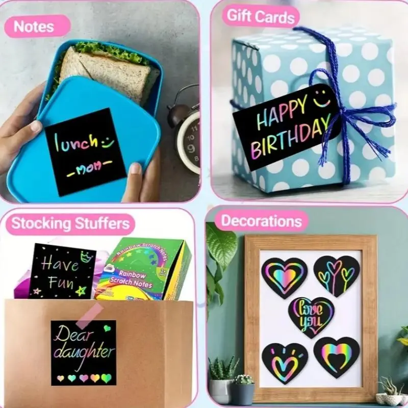 Scratch Note with Box & Pen, 100pcs/set Scratch Art Paper with 2 Counts Bamboo Pen, DIY Art Drawing Supplies for Students, Birthday Gift 7
