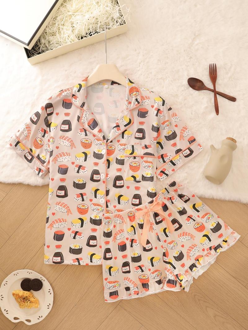 Product Introduction of Women's Leopard & All Over Print Button Pajama Set, Casual Comfy Short Sleeve Top & Shorts Pj Set, Ladies Summer Sleepwear 4