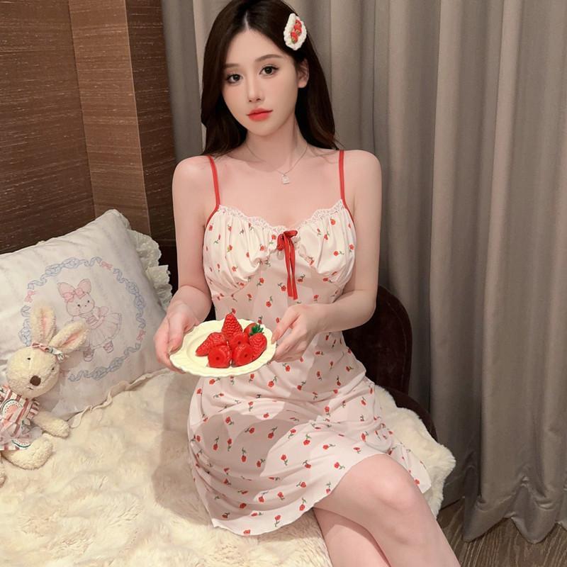 Bộ Đồ Ngủ Nữ, Gợi Cảm Và Ngọt Ngào, Làm Bằng Lụa Lạnh Cỡ Lớn, Váy Ngủ Hai Dây Mỏng Satin Lụa In Họa Tiết, Váy Ngắn, Ôm Sát Eo Bó Sát, Hở Lưng, Làm Bằng Vải Modal, Tiết Lộ Ngực, Thích Hợp Mặc Nhà Dress Women