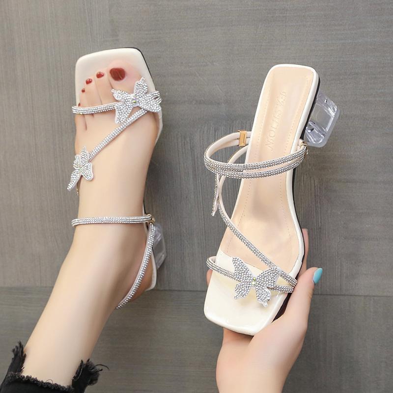 Giày cao gót đế trong 5P, Giày cao gót đế vuông dây kim tuyến họa tiết bướm cực xinh chuẩn size mã TD301