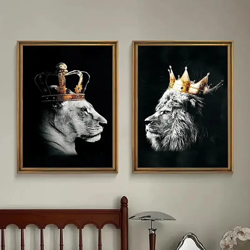 Lion Pattern Wall Art Painting without Frame, 2pcs/set Waterproof Canvas Decorative Painting for Home Living Room Bedroom 5