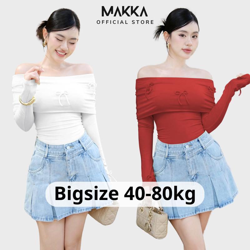 Áo thun nữ thiết kế MAKKA áo trễ vai dài tay đính nơ co giãn ôm body tôn dáng sang chảnh 3013