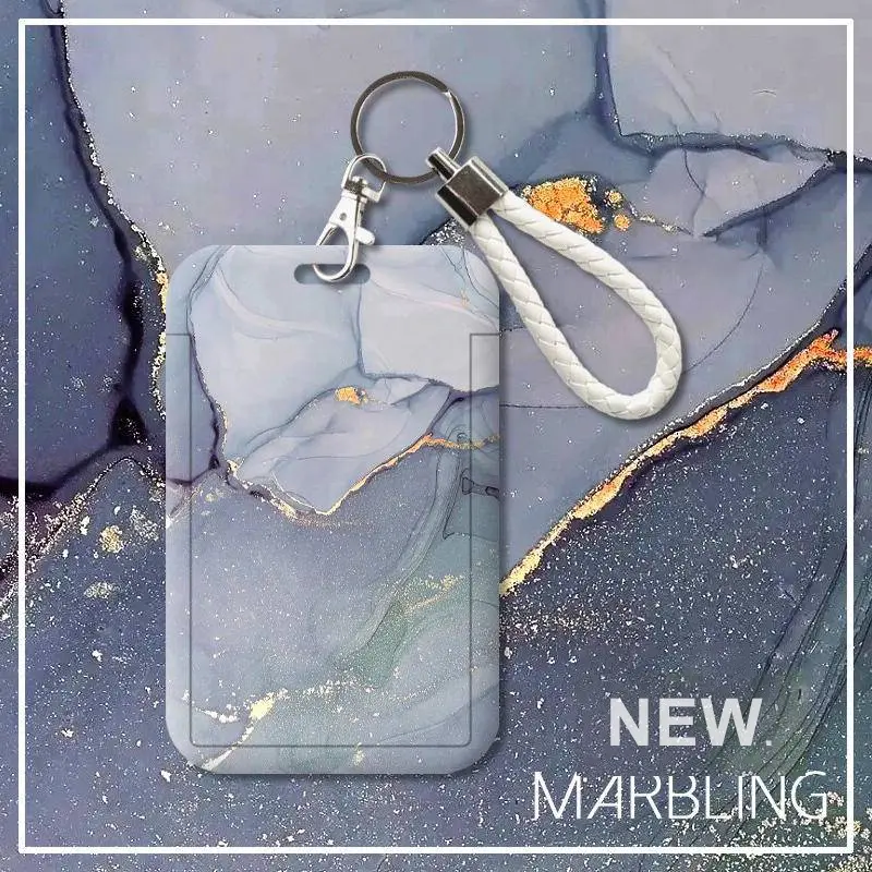 Marble texture card cover for student campus card case with lanyard hanging neck card holder subway card protective case