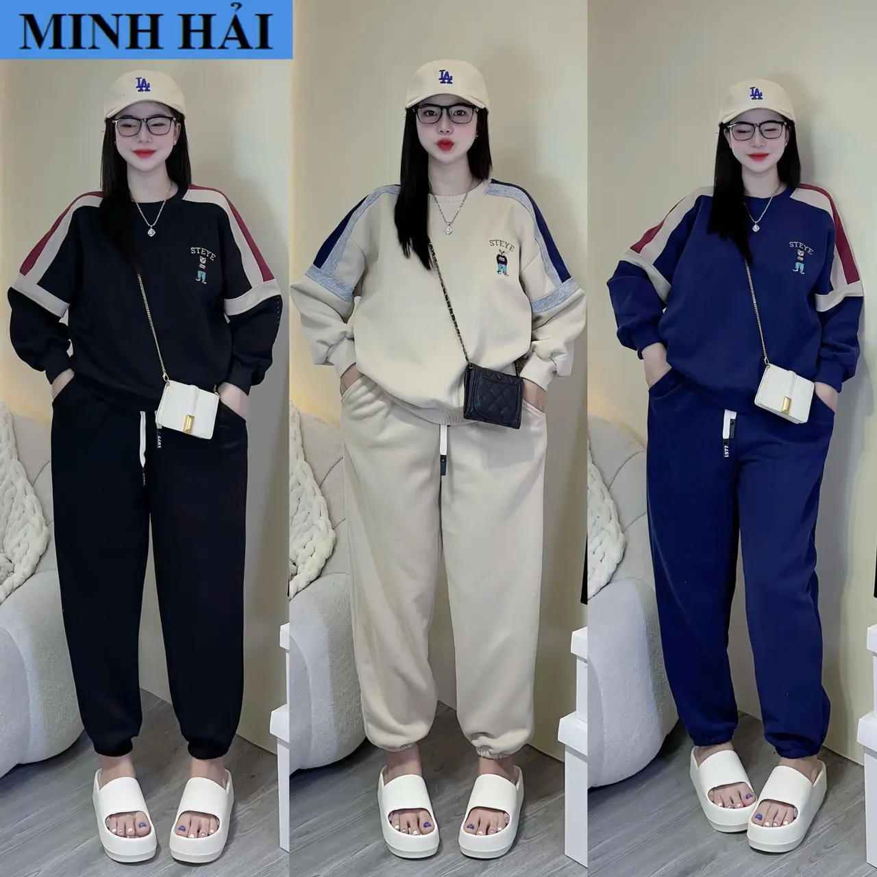 [FREESHIP] SET BỘ ĐỒ THUN NỈ NỮ CÓ IN HÌNH CHÚ GẤU STEYE PHỐI VIỀN SỌC TAY SIÊU ĐẸP