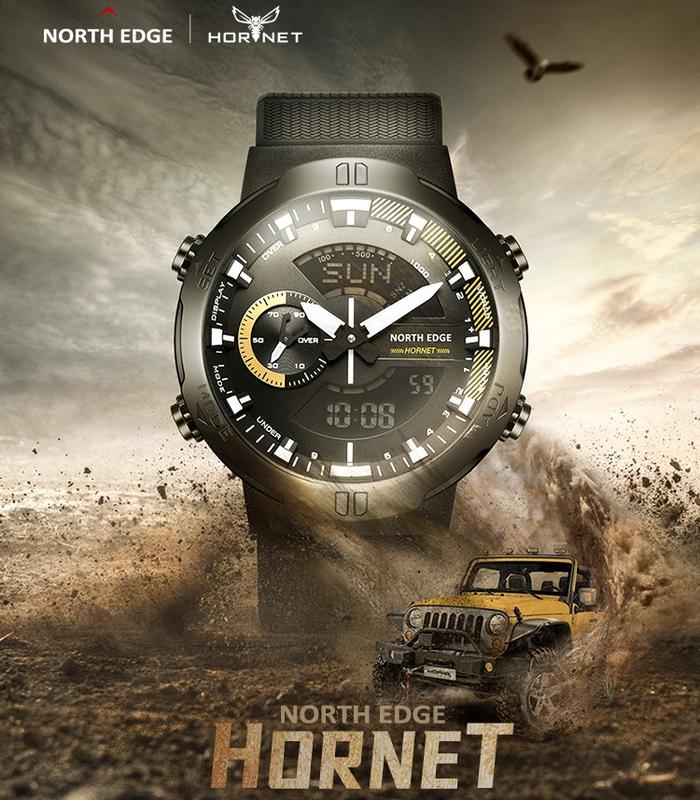 NORTH EDGE HORNET Men's Digital Watch Running Sports Watches Military Army Waterproof 50M World Time Illuminator Watch