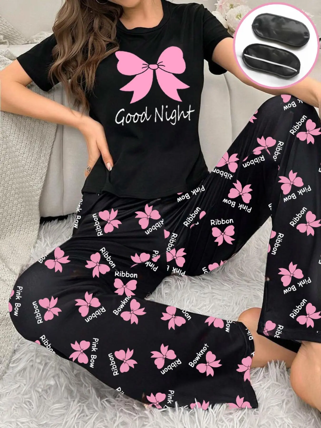 Women's Bow Print Pyjama Set, Casual Comfy Short Sleeve Tee & Pants with Eye Mask, Ladies Sleepwear for All Seasons, Loungewear
