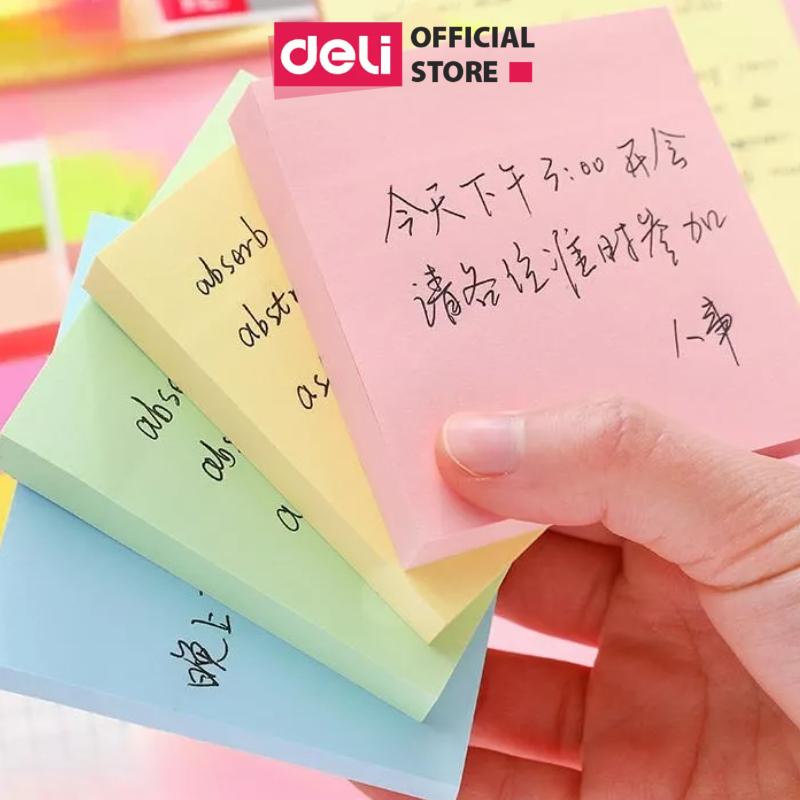 Mua 1 tặng 1 Set 100 giấy Note ghi chú giấy nhớ hình vuông dán vàng Deli giấy ghi chú loại chất lượng cao tiện lợi học sinh