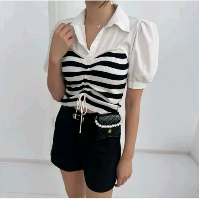 [Ready Stok】 Striped Blouse Wanita Knit Scrunched (C19228) // Blus Wanita Motif Garis Bisa Diserut Puffy Sleeve