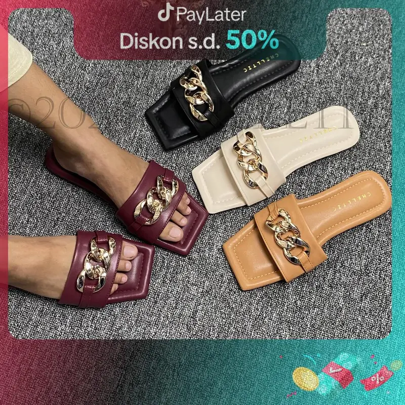 CHELLTIC Sandal Selop Flat Teplek Wanita Terbaru|Sendal Teplek Korea Casual Aksen Rantai Size 37 - 40 Slop Slip On Empuk Flat Cewek Women Shoes 38 39 Trendy Nyaman Modis Dan Elegan Karet 0