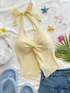 Camiseta sin mangas con lazo sólido para mujer, camiseta sin mangas informal para el verano, ropa de mujer para vacaciones en la playa