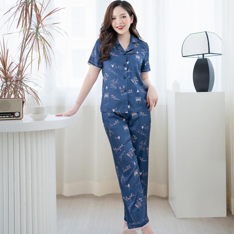 Bộ măc nhà Miss lụa Latin Pháp cao cấp Áo Cộc Tay Quần Dài hoạ tiết sang trọng - CD103 PARIS MÈO HOA