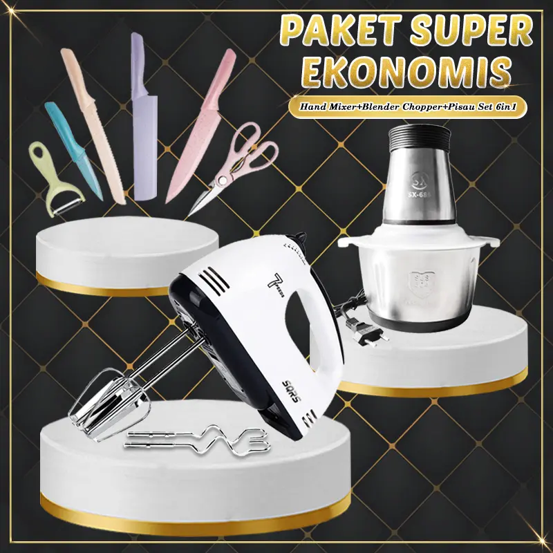 (SS) Paket Lebaran Sale Peralatan Dapur Chopper Daging+Pisau Set6in1+Hand Mixer