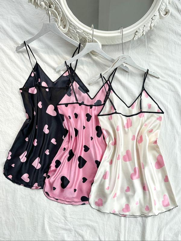 Women's Heart Print Contrast Binding Cami Nightdress, Casual Silky Soft Comfortable Adjustable Spaghetti Strap Nightgown, Dresses for Women, Ladies Sleepwear for All Seasons 1