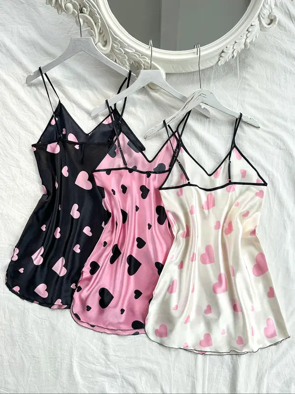 Women's Heart Print Contrast Binding Cami Nightdress, Casual Silky Soft Comfortable Adjustable Spaghetti Strap Nightgown, Dresses for Women, Ladies Sleepwear for All Seasons 1