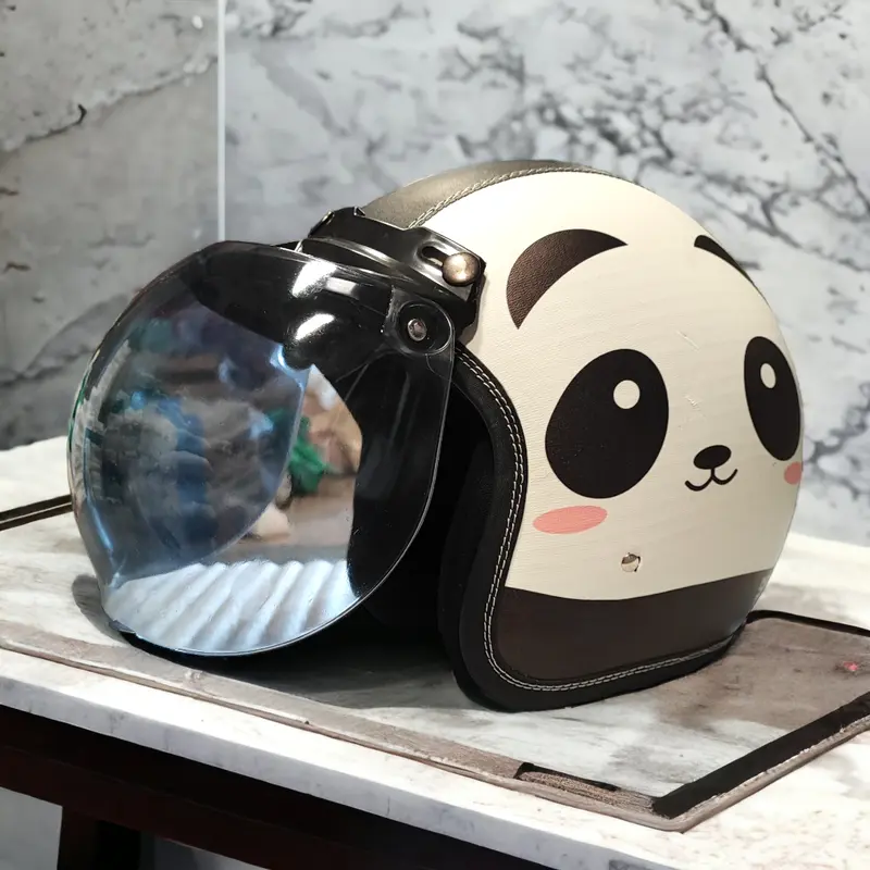 Helm Bogo Kulit Full Leher Retro Wanita Dewasa SNI Motif Mata Panda Putih Kaca Datar Motor Motorcycle Sepeda 2
