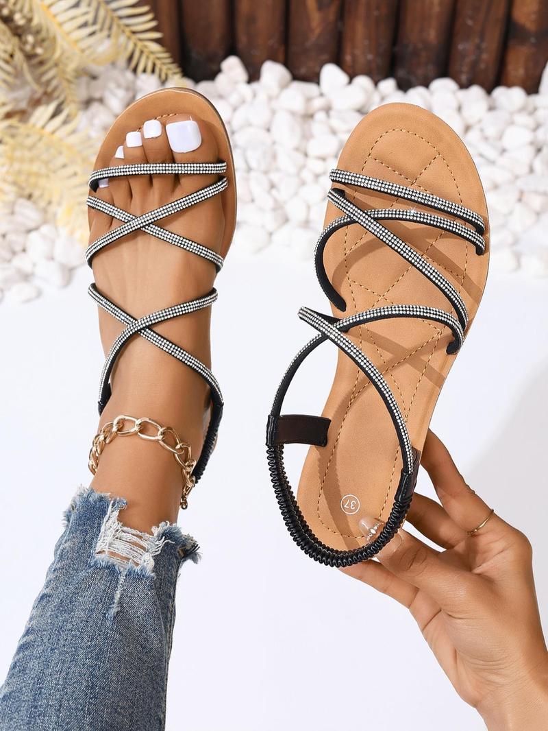 Product Introduction of Women's Fashionable Rhinestone Decorated Slip on Sandals, 1 Pair Casual and Versatile Open Toe Flat Sandals for Summer, Lightweight Comfortable Shoes for Daily Wear 13