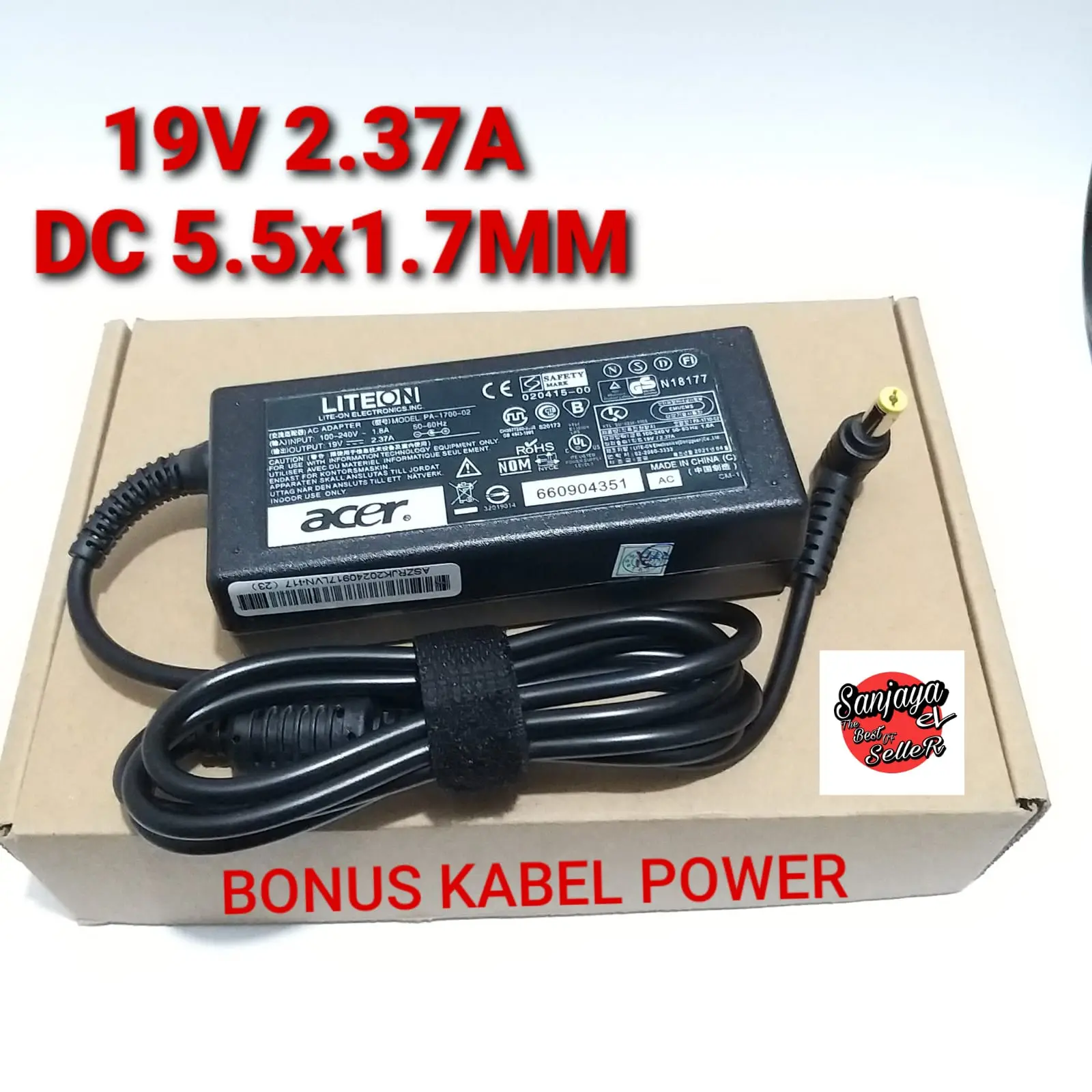 Adaptor Charger Laptop Original Acer Aspire 3 A311 A314 A315 A315-41 ES1-111 ES1-131 ES1-411 ES1-432 19V-2.37A 45W