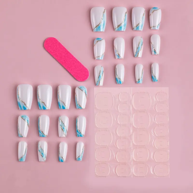 Marble Pattern Fake Nails with Nail File & Sticker, 24pcs French Style False Nails for Women & Girls DIY Nail Art, Manicure Accessories 2