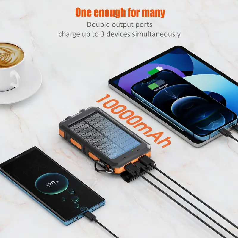 10000mAh Solar Power Bank, Dual USB Output Port Waterproof Power Bank with LED Light, Solar Phone Charger for iPhone & Android, Stocking Fillers Gift, Travel Gadgets, Electronics Accessories 5