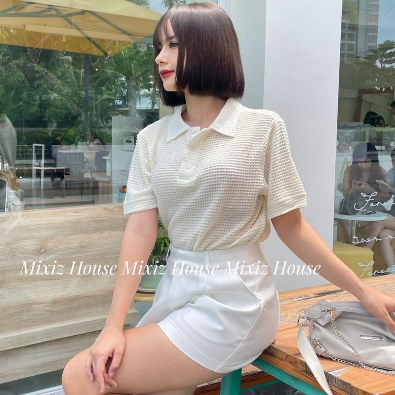 Áo thun polo đục lỗ chất vải thoáng mát thoải mái hai màu kem- đen Mixiz House Nữ Top Women Voi - AT01