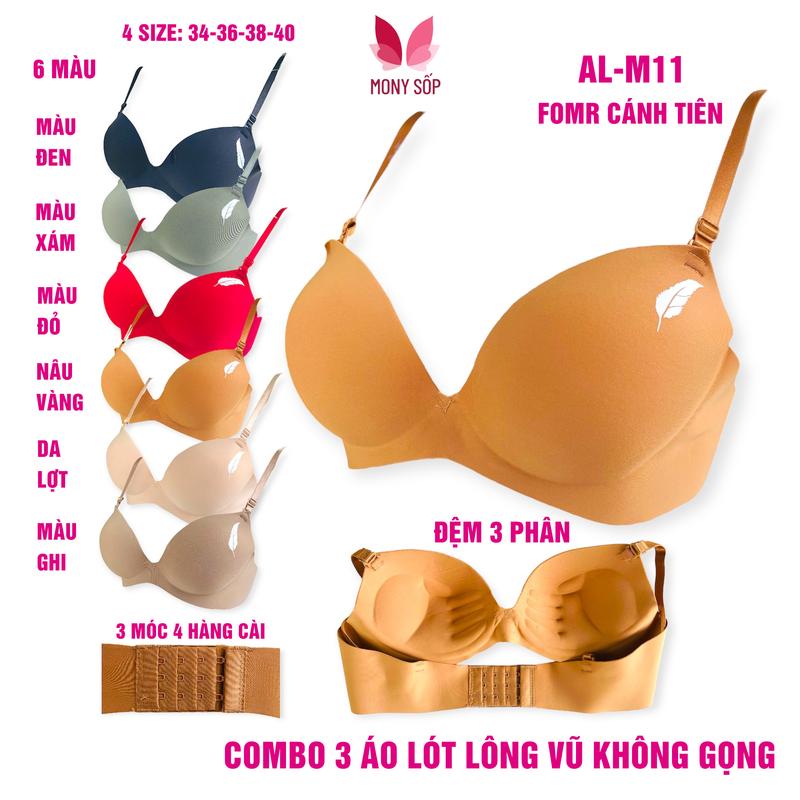 SET 3 ÁO LÓT SU NON FORM CÁNH TIÊN KHÔNG GỌNG, Đệm Bàn Tay 3cm, Su Non Mềm Mại, lịch lãm, sang trọng, Bra Women Voi Kem Sen Viền Ren áo  nâng ngực ao  nguc