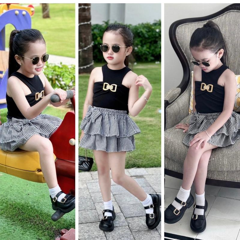 Sét chân váy 2 tầng có quần trong phối nơ +áo ba lỗ xinh cho bé gái