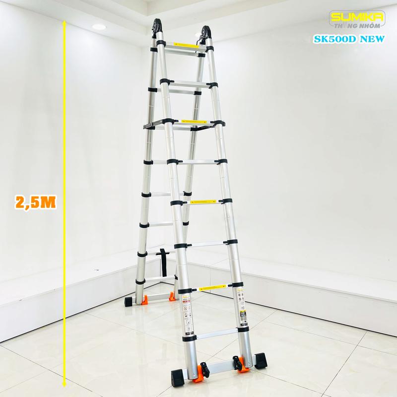 Thang nhôm rút đôi SUMIKA SK500D NEW, rút chữ A cao 2.5m, rút chữ I cao 5.0m, tải trọng 300kg 5