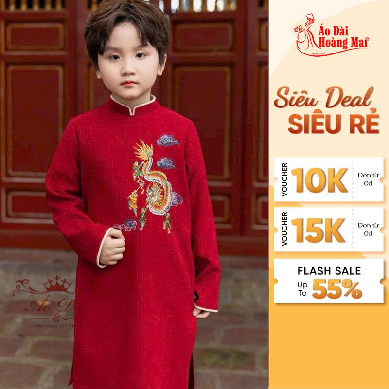 Áo dài cho bé trai, áo dài cách tân truyền thống màu Đỏ vàng thêu rồng -Áo Dài Hoàng Mai