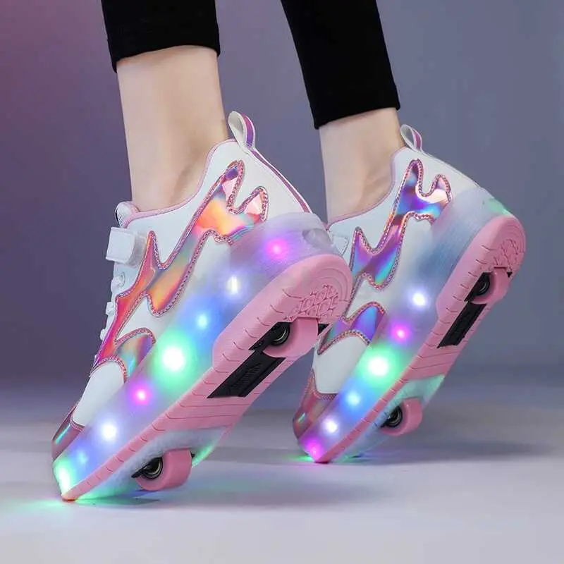 New Upe sequin sneakers double parent child roller skates charging LED boys and girls luminous size 28 40 wheel shoes DNE4