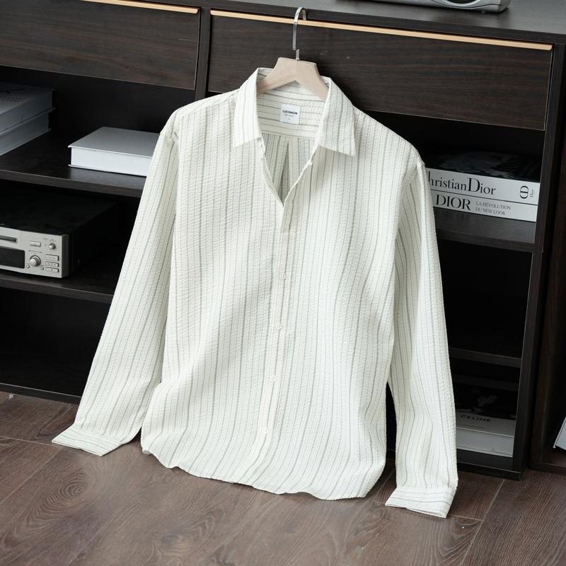 Áo sơ mi nam sọc cổ bẻ dài tay vải Cotton xốp cao cấp đũi hàn quốc - Luciinon Menswear giặt bằng nước lạnh đơn thuần áo  sơ