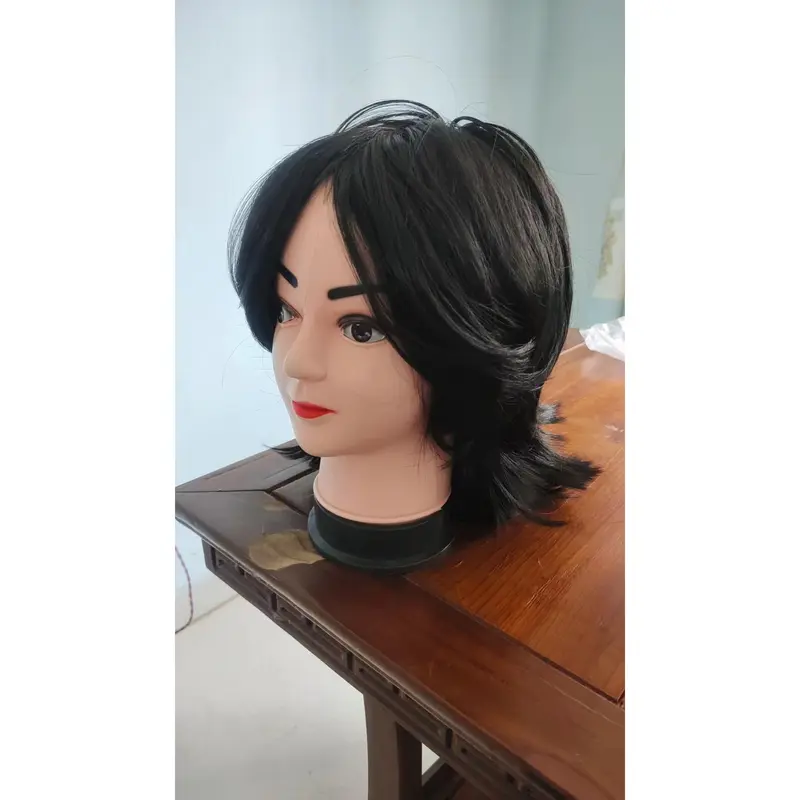 Wig ekor serigala untuk pria dan wanita dengan rambut lurus pendek dan tutup kepala penuh secara alami tampan..... 3
