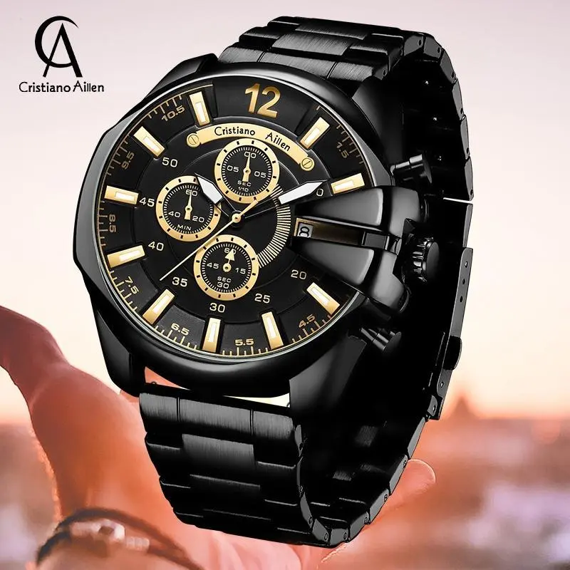 DISKON Cristiano Aillen Jam Tangan Pria Analog 0832G Rantai Stainless Steel Chronograph Kaca Sapphire Water Resistant 3 ATM Watches Waterproof