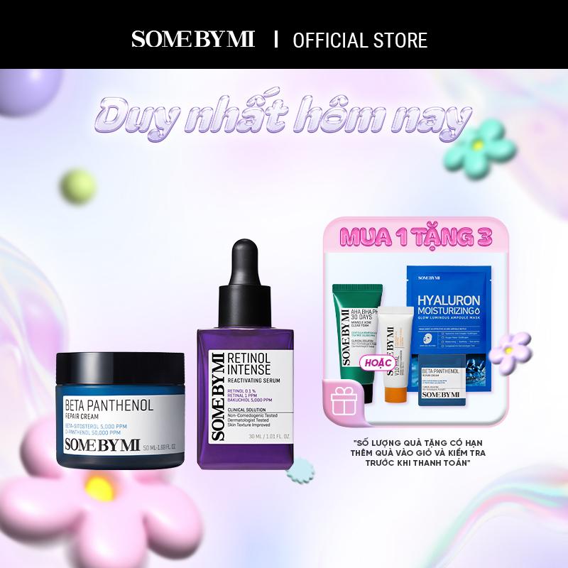 [Qùa tặng 1 kcn V10 5ml hoặc 1 sữa rửa mặt aha 30ml+ 1 mask ampoule+ 1 sachet B5 1.5ml]  Some By Mi Bộ đôi Retinol Intense Reactivating Serum 30ml + Beta Panthenol Repair Cream 50ml