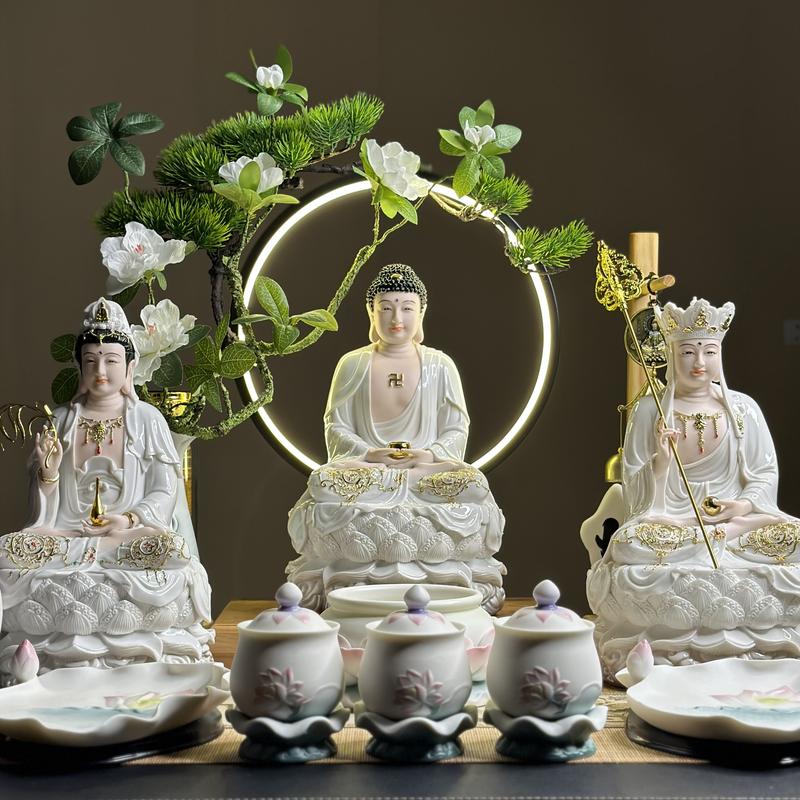 Tượng Tam Thánh Thích Ca Địa Tạng Quan Âm sơn Trắng Ngọc M1 cao 30cm - Tuệ Nga