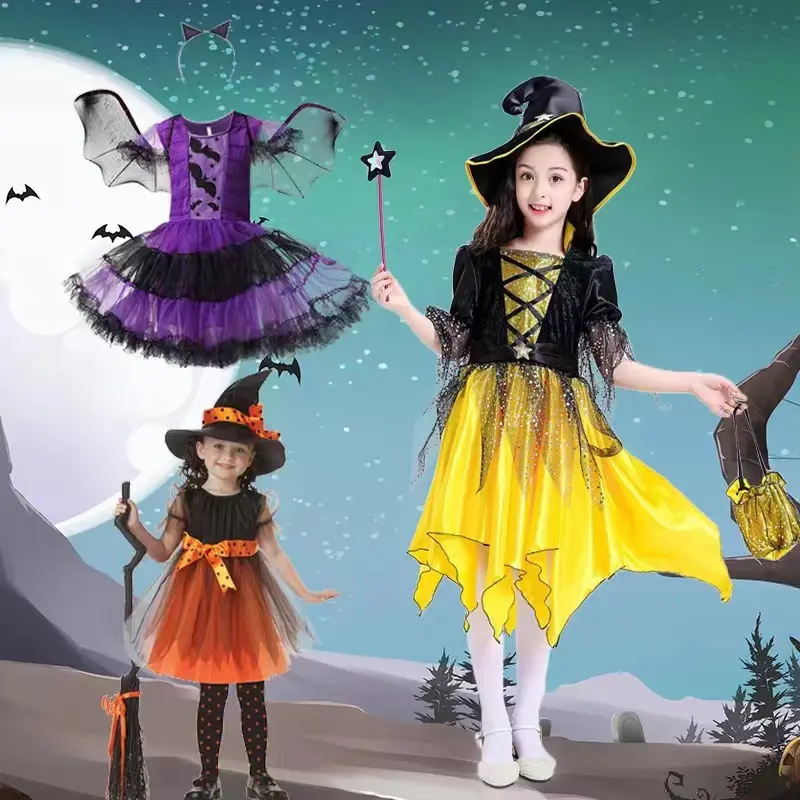 Trang phục trẻ em, chủ đề Halloween, trang phục cho bé gái, cosplay phù thủy, công chúa và phong cách ma cà rồng, thích hợp cho biểu diễn Halloween