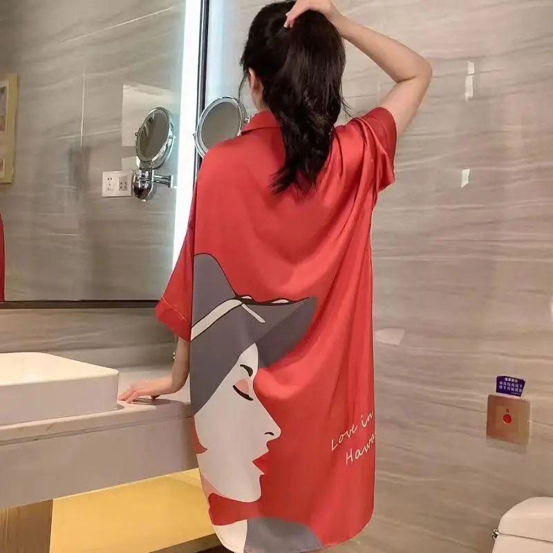 Thin Ice Silk Pajamas Women's Loose Large Size Internet Celebrity Shirt Dress Pure Desire Wind Can Be Worn outside Nightdress Home Wear Pajamas Women Loungewear Nightwear Lingerie Lady Gowns Floral Short Sleeve