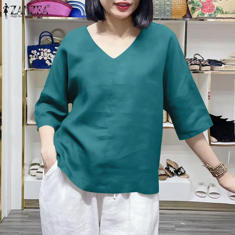 Celmia ZANZEA Women Casual Solid Color V-Neck Pullover Top Three Quarter Sleeve Simple Daily Blouses