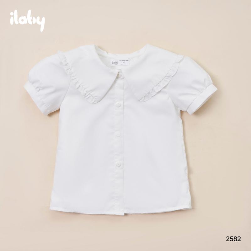 Áo sơ mi bé gái ILABY chất cotton thô áo sơ mi trắng basic bé đi học cổ kiểu phối bèo nhỏ [2582] Cho Bé Hoodie
