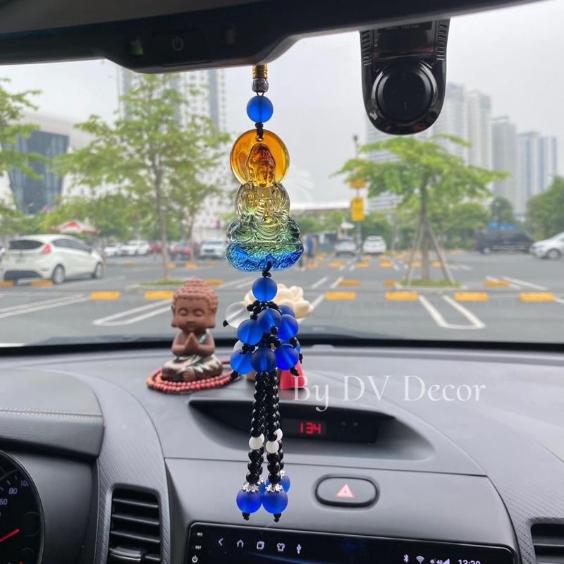 Khánh treo gương xe Phật Quan Âm, Di Lặc dây hạt xanh dương trang trí gương xe mong bình an may mắn