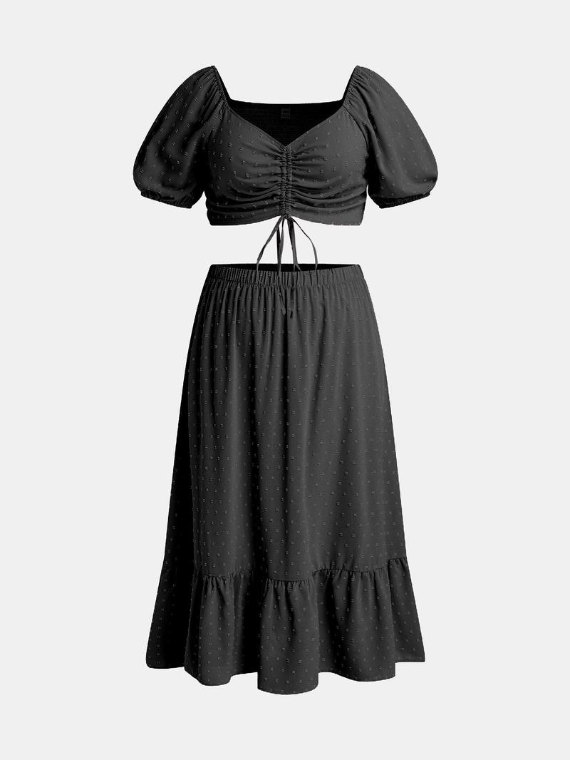 Product Introduction of CURVZY Plus Size Ruched Shirred Puff Sleeve Blouse & Ruffle Hem Skirt Set, Boho Swiss Dot Drawstring Sweetheart Neck Top & Long Skirt For Beach, Co Ords for Women, Women's Two-Piece Outfits For Summer & Autumn 9