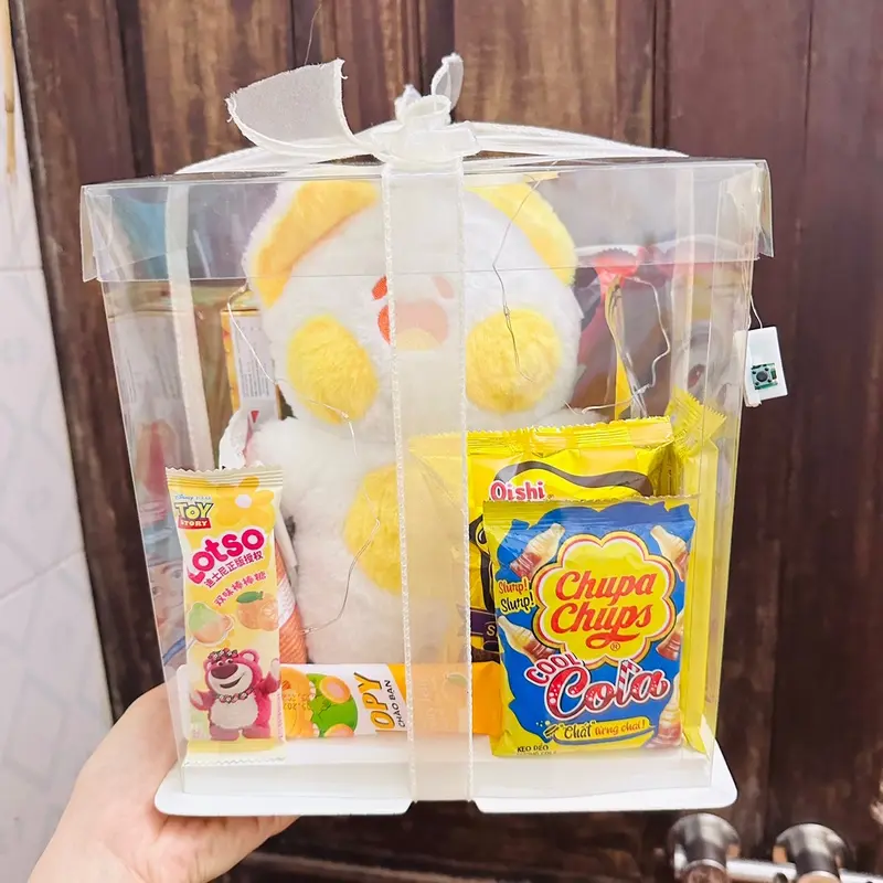 Sét quà bánh kẹo hộp mika tone hồng tặng sinh nhật trung thu lễ tết gấu dâu 6