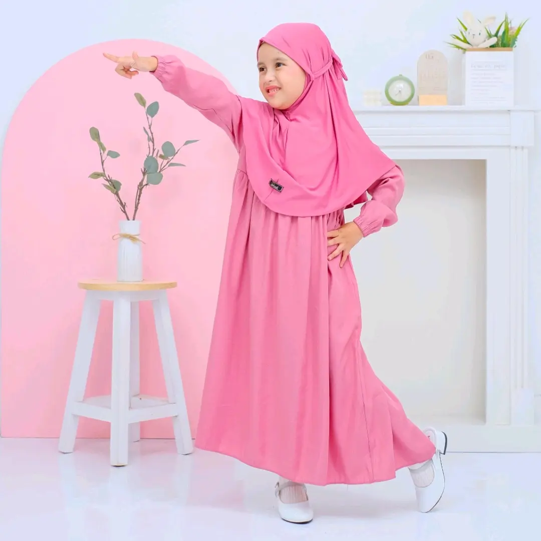 set gamis dan hijab Polos 3-10 th