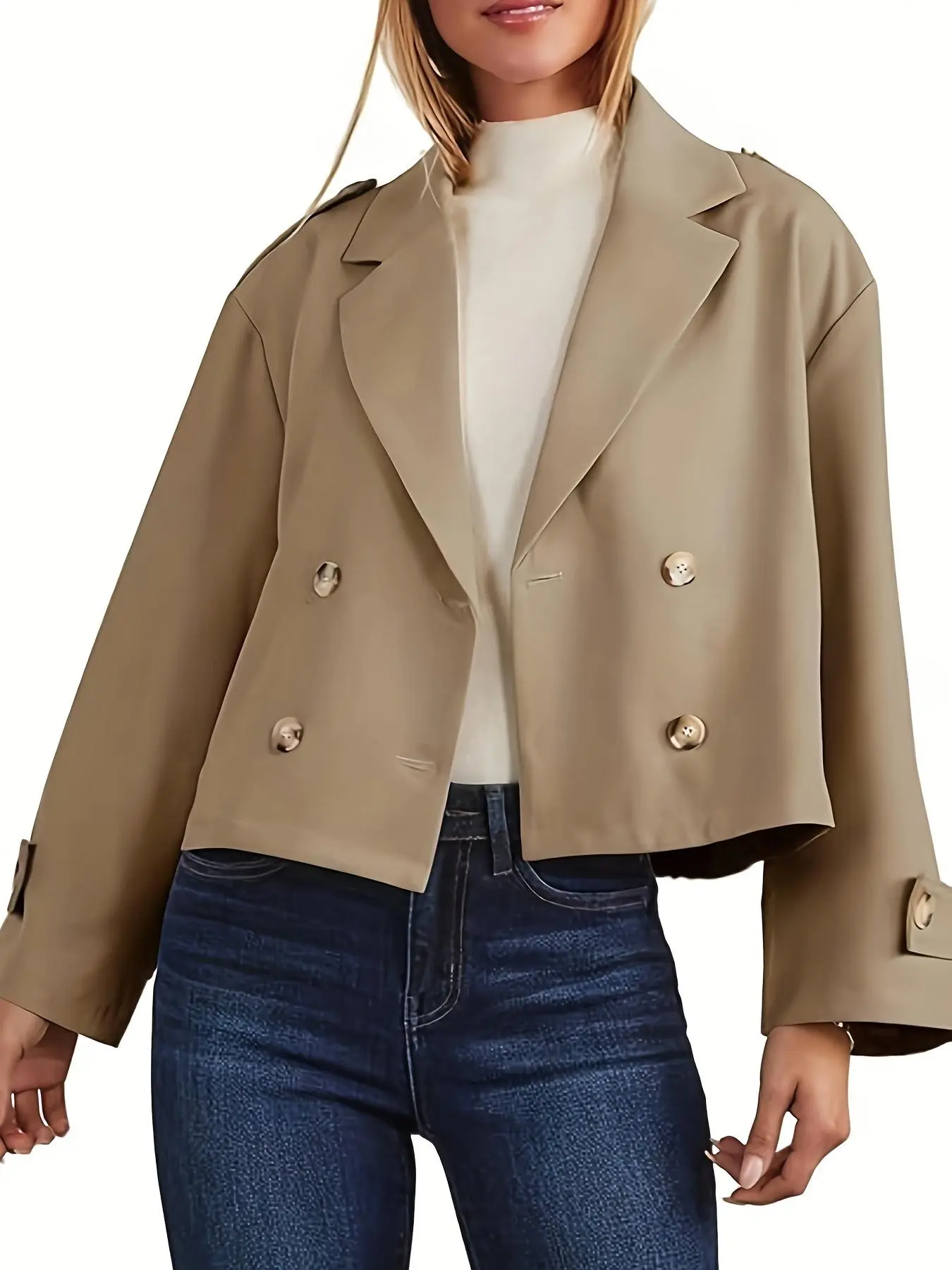 Women's Solid Color Double Button Pocket Trench Coat, Casual Drop Shoulder Lapel Neck Long Sleeve Coat for Fall & Winter, Women's Clothing for Daily Wear