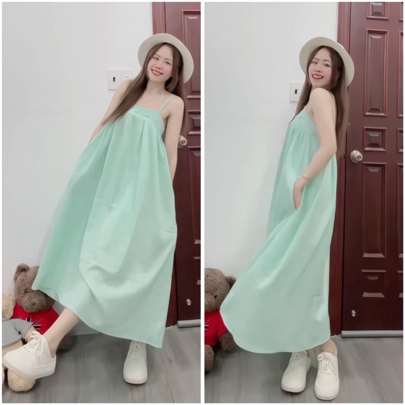 Váy đi biển dáng dài vải đũi gân 2 lớp, có tăng đơ và bo chun - v1 2